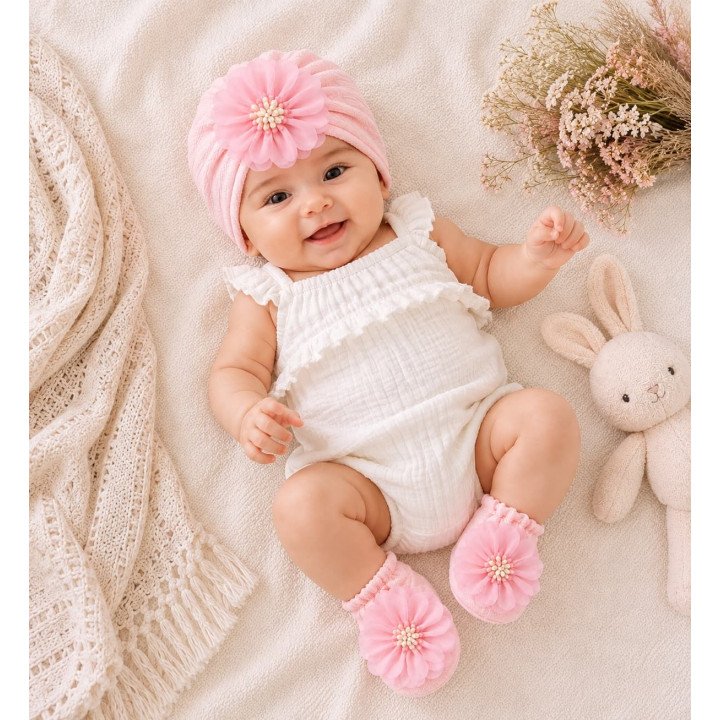 BONNET PLUS CHAUSSONS ROSE