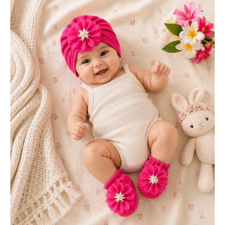BONNET PLUS CHAUSSONS ROSE FONCE