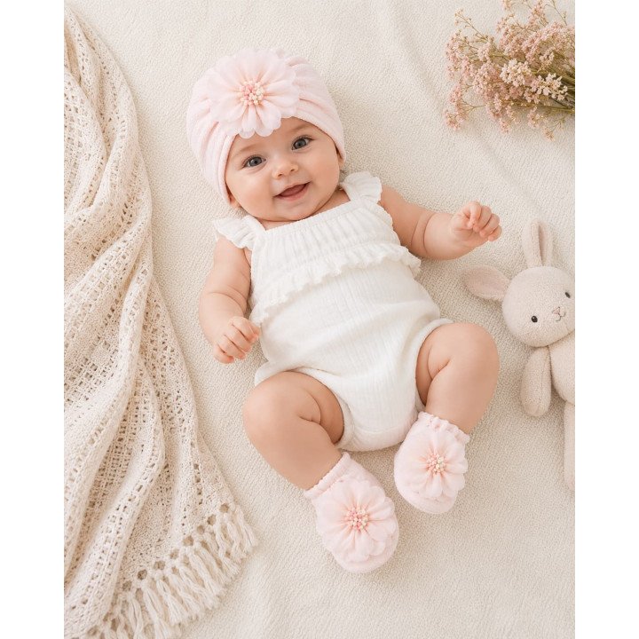 BONNET PLUS CHAUSSONS ROSE CLAIR
